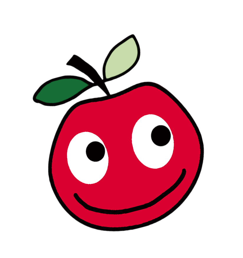 りんごの棚のシンボルマーク。赤色のりんごに目と口が描かれており、視線が右方向に向いているイラスト。